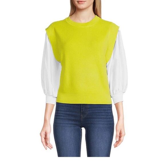 DKNY Donna Karan Sz Small Knit‎ Top Yellow Cropped Mixed Media White 3/4 Sleeves - Picture 1 of 12